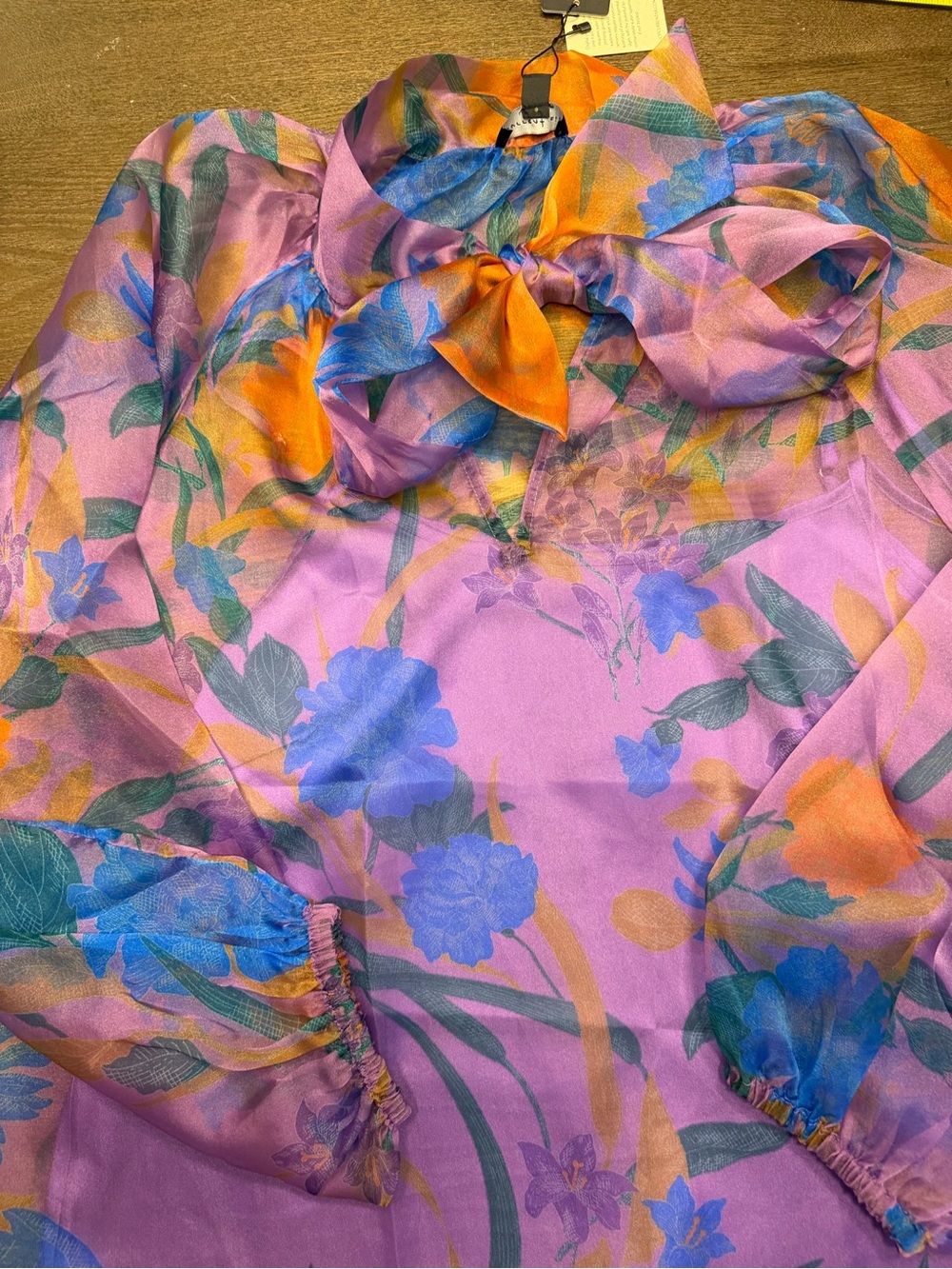 Current Air Sheer Floral Bow-Neck Blouse in Purple and Orange